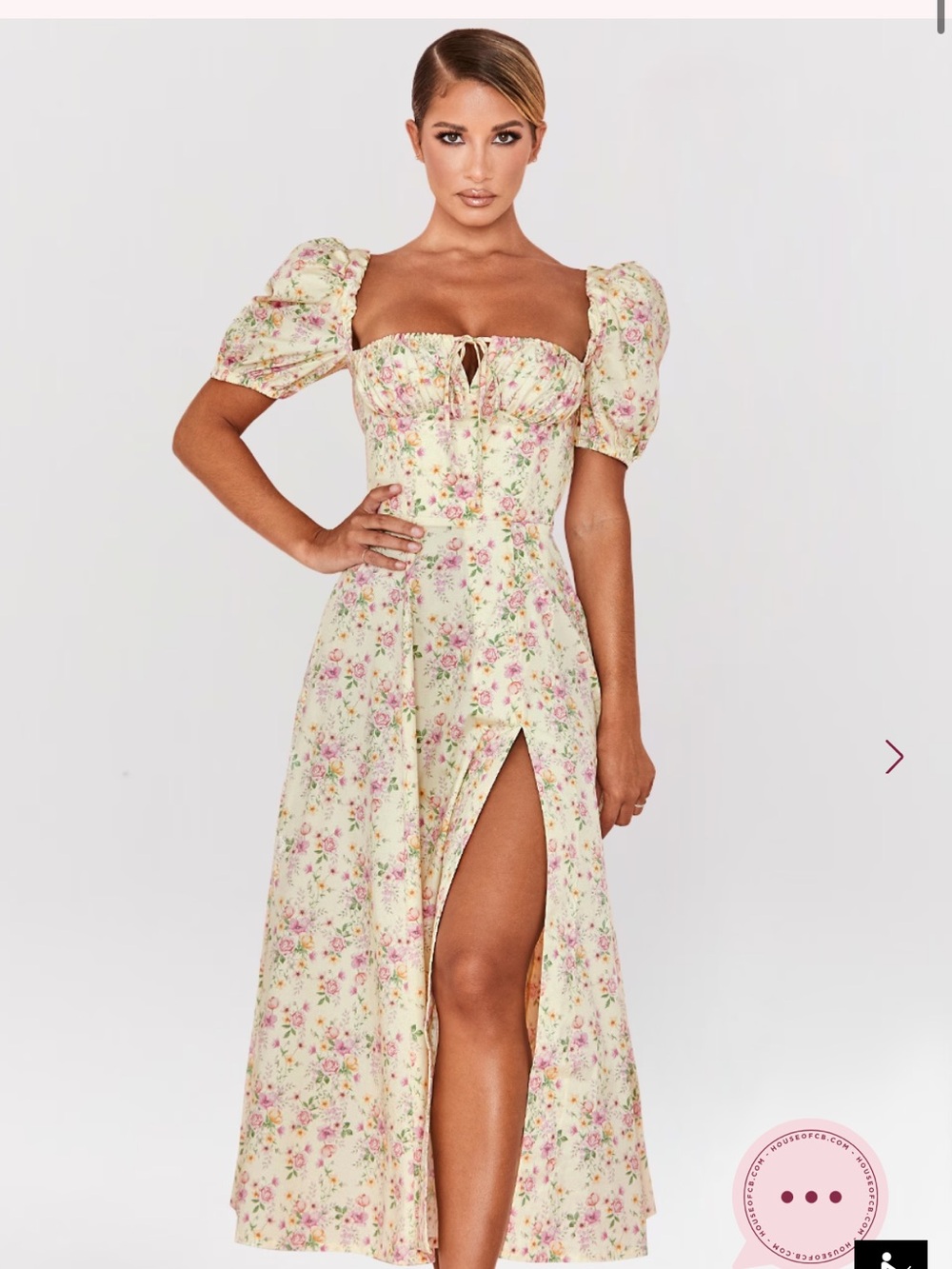 NWOT HOUSE OF CB 'Tallulah' LEMON FLORAL PUFF SLEEVE MIDI SUNDRESS - M *36